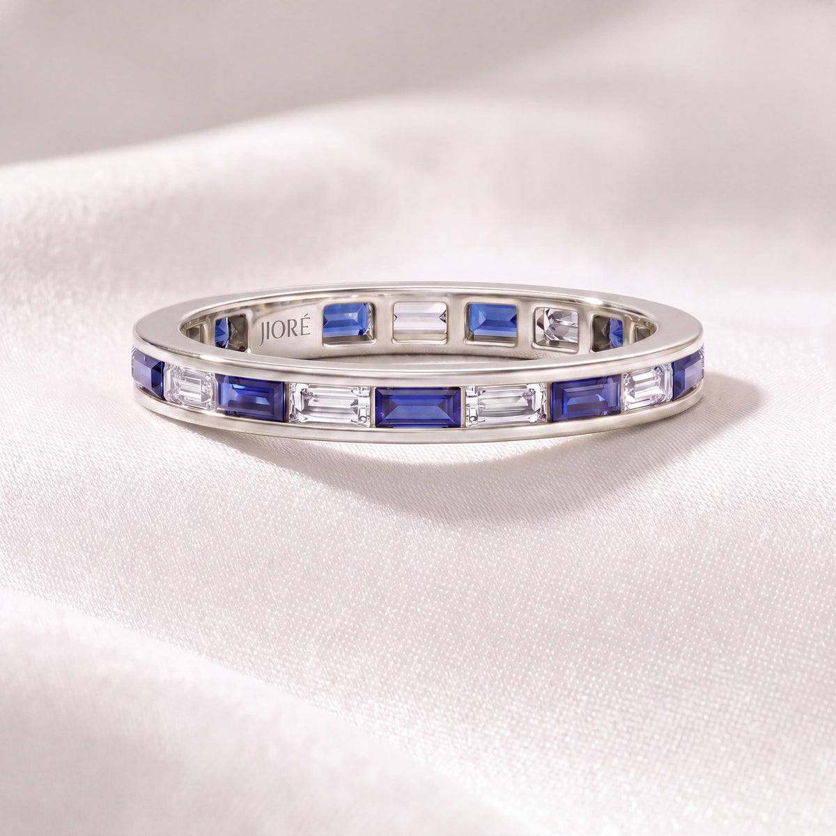 Baguette Cut Sapphire & Diamond Full Eternity Wedding Band Ring 14K Solid Gold Channel Set