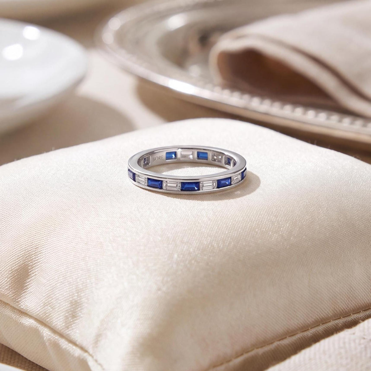 Baguette Cut Sapphire & Diamond Full Eternity Wedding Band Ring 14K Solid Gold Channel Set