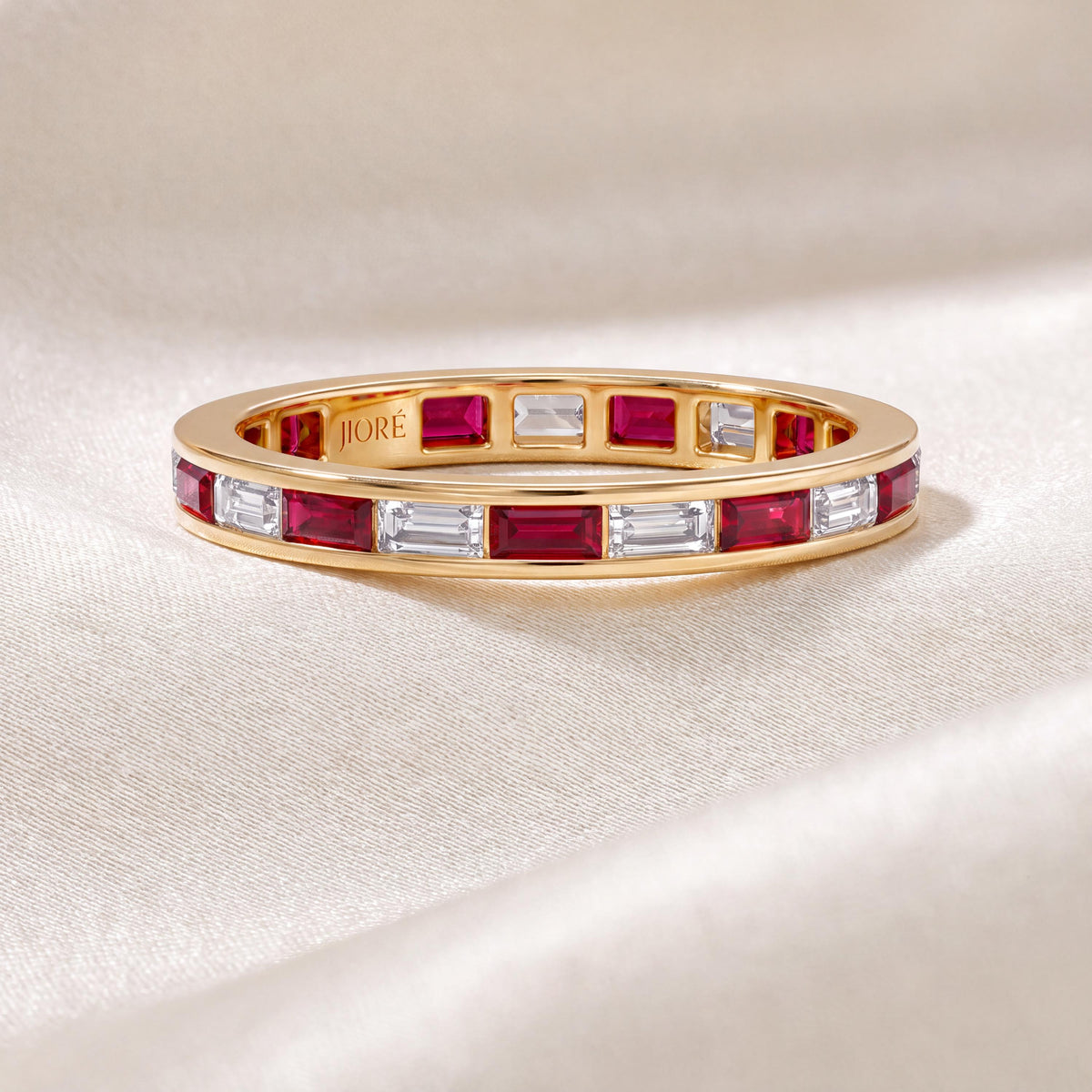 Baguette Cut Ruby & Diamond Full Eternity Wedding Band Ring 14K Solid Gold Channel Set