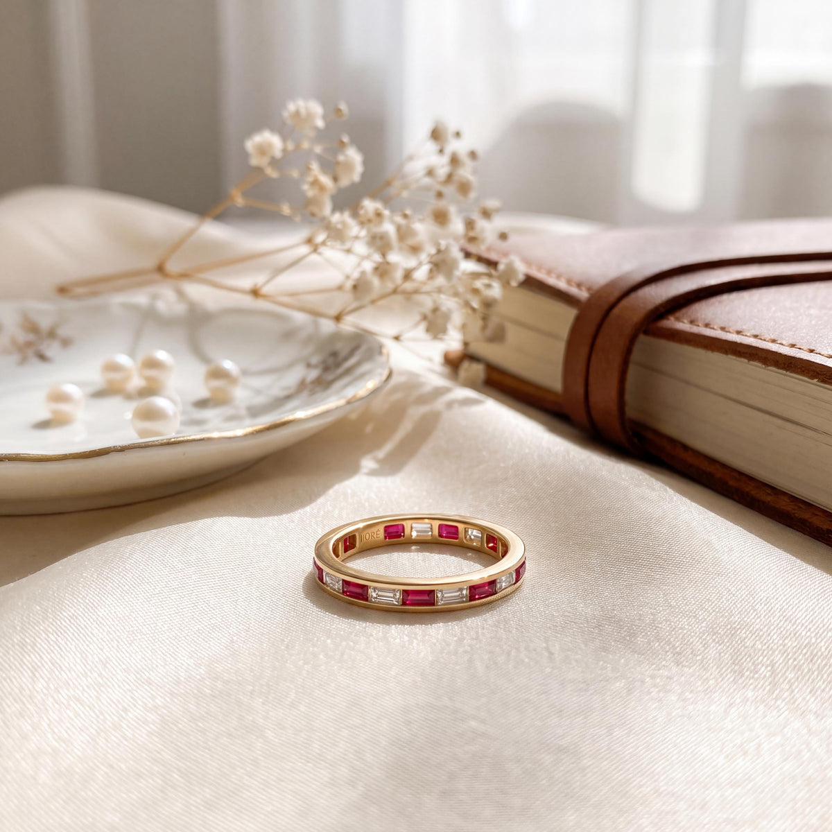 Baguette Cut Ruby & Diamond Full Eternity Wedding Band Ring 14K Solid Gold Channel Set