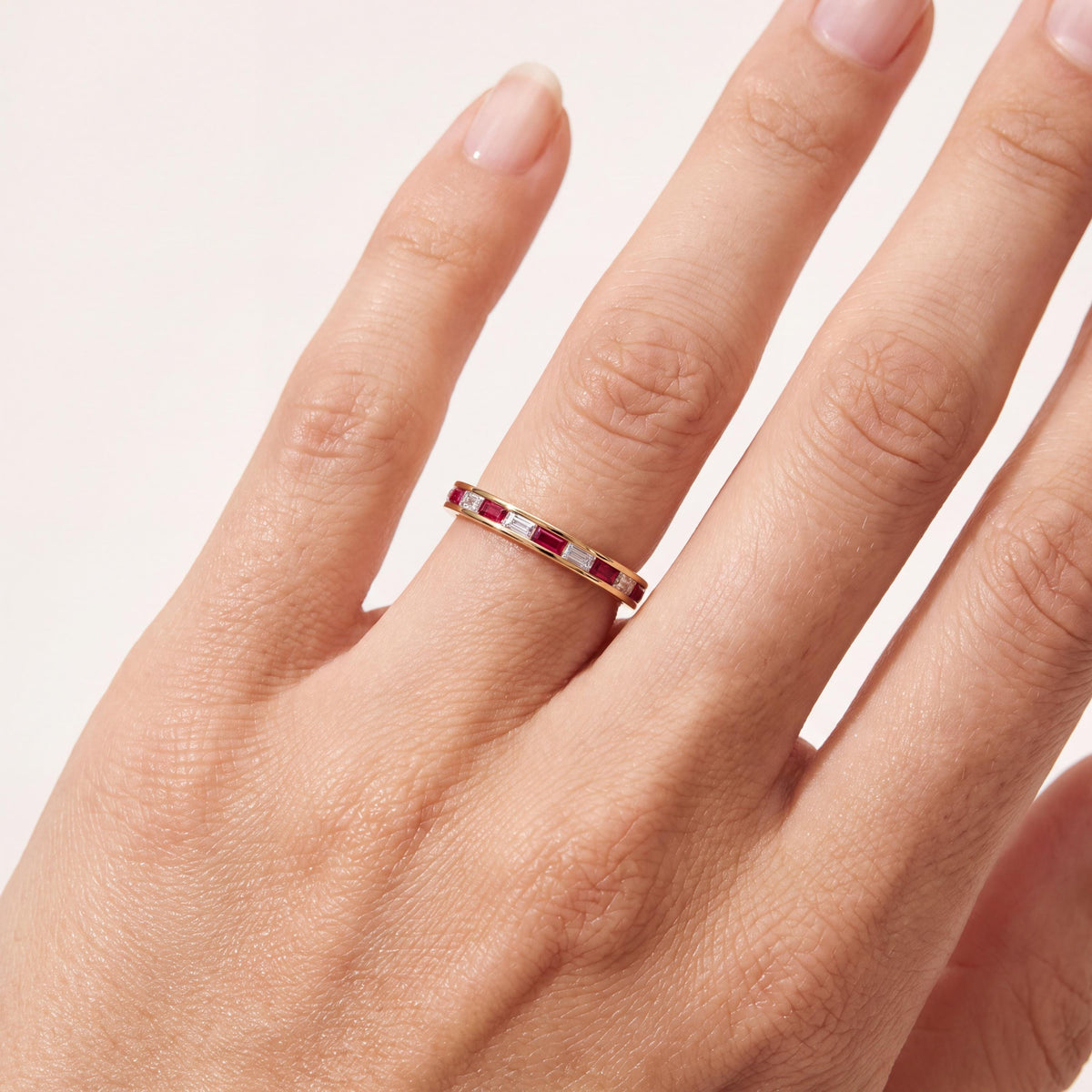 Baguette Cut Ruby & Diamond Full Eternity Wedding Band Ring 14K Solid Gold Channel Set