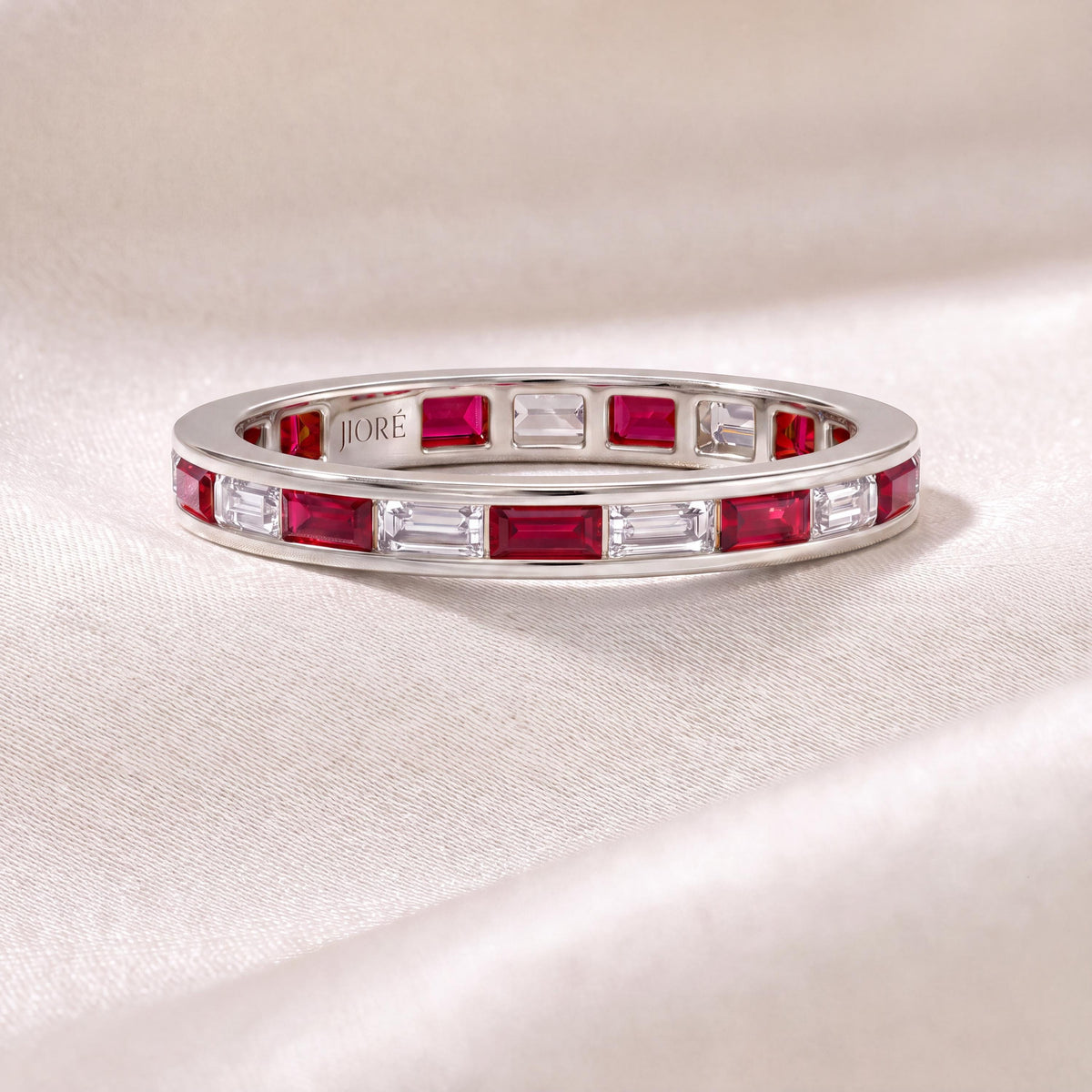 Baguette Cut Ruby & Diamond Full Eternity Wedding Band Ring 14K Solid Gold Channel Set