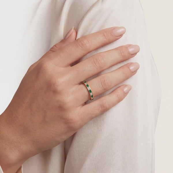 Baguette Cut Emerald & Diamond Full Eternity Wedding Band Ring 14K Solid Gold Channel Set