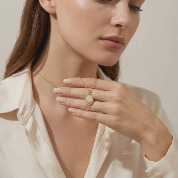 Oval Diamond Halo Disc 14K Solid Gold Pendant Necklace