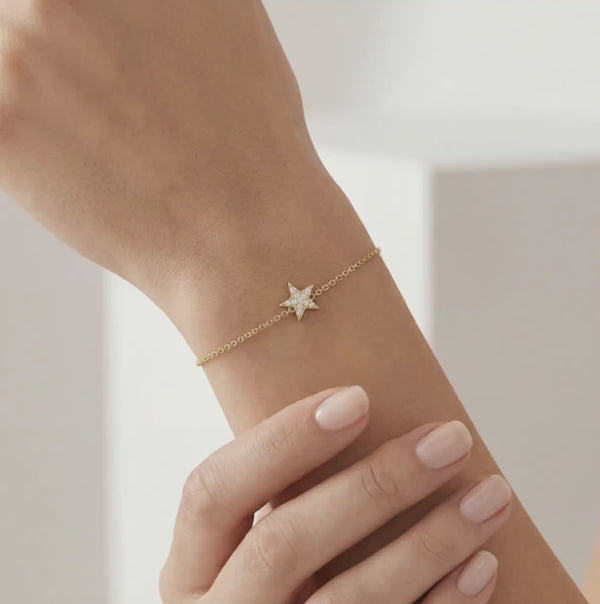 Diamond Round 14K Pave Dainty Solid Gold Star Chain Link Bracelet