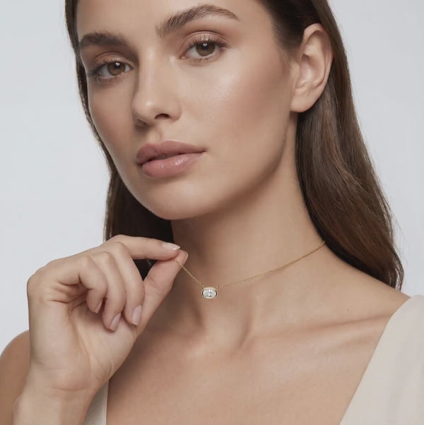 Oval Diamond Solitaire Bezel Set Halo Rope 14K Solid Gold Pendant Necklace