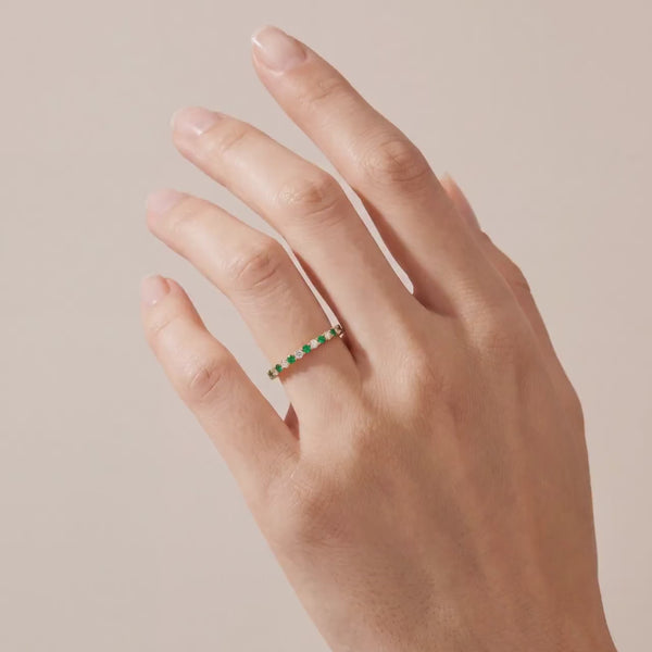 Emerald & Diamond Eternity Band 14K Solid Gold Round Prong Set Wedding Band Stacking Ring