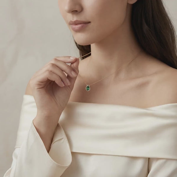 Pear Shape Emerald Bezel Set Dainty Solitaire 14K Solid Gold Pendant Necklace