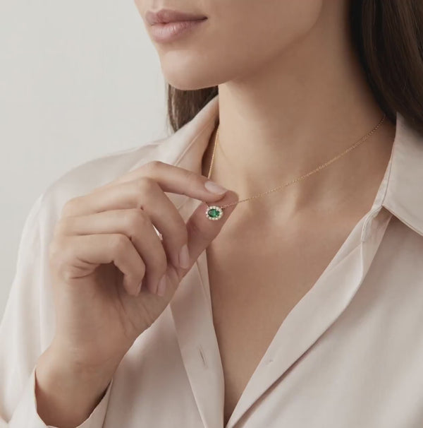 Oval Emerald & Diamond Halo Dainty 14K Solid Gold Pendant Necklace