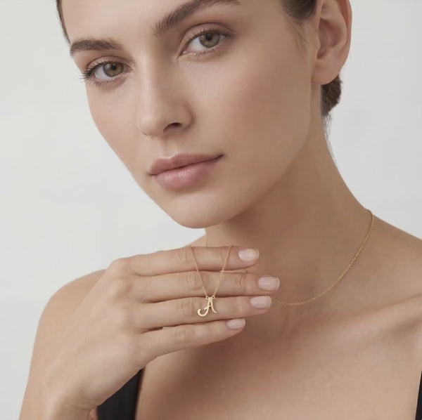 Personalized Script 14K Dainty Solid Gold Initial Letter Necklace Pendant
