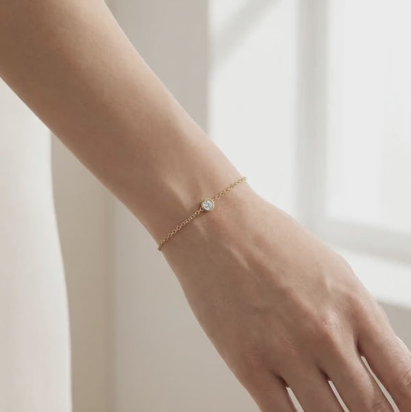Round Brilliant Cut Diamond Bezel Solitaire Chain Link Bracelet 14K Gold