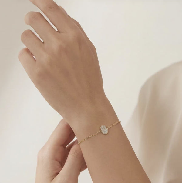 Diamond Hamsa Hand 14K Solid Gold Dainty Chain Link Bracelet