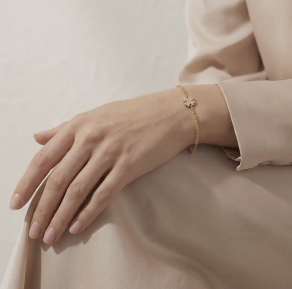 Solid Gold 14K Dainty Flower Clover Leaf Chain Link Bracelet