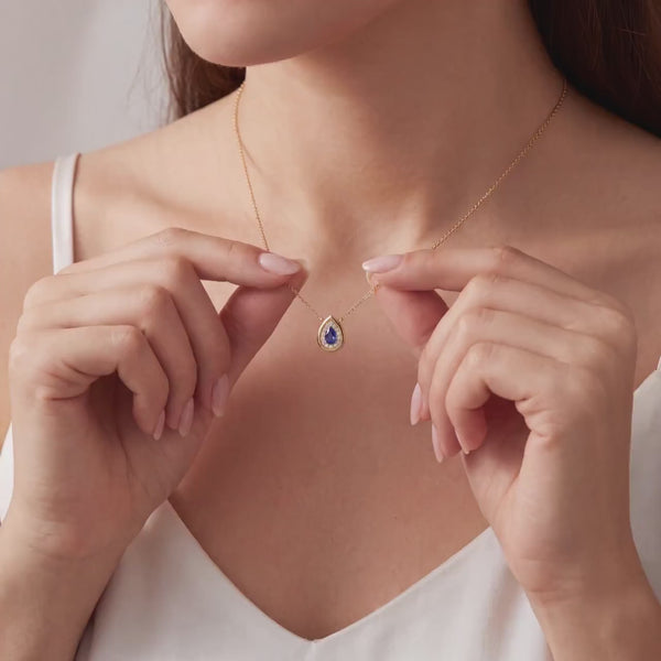 Sapphire Pear Shape & Diamond Halo Dainty Bezel 14K Solid Gold Pendant Necklace