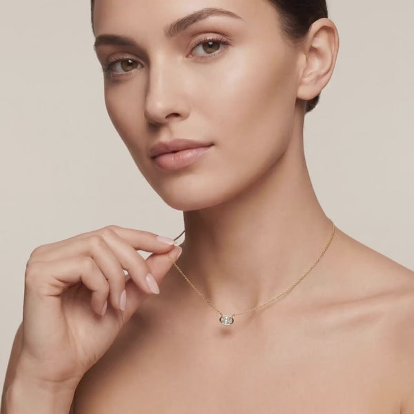 Oval Cut Diamond Bezel Set Dainty Solitaire 14K Solid Gold Pendant Necklace