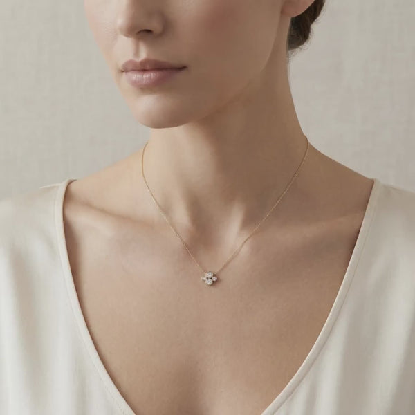 Round Diamond Four Stone Cluster Dainty Necklace 14K Solid Gold Pendant