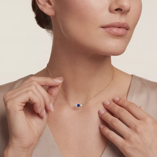 Round Sapphire & Diamond Three Stone Dainty Necklace 14K Solid Gold Pendant