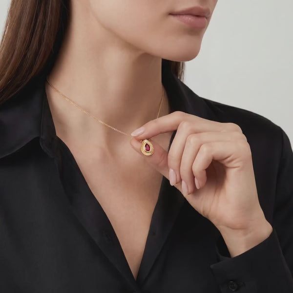 Pear Shape Ruby Fluted Dainty Bezel 14K Solid Gold Pendant Necklace