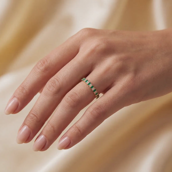 Baguette Cut Vertical Emerald & Diamond Full Eternity Wedding Band Ring 14K Solid Gold Bar Set
