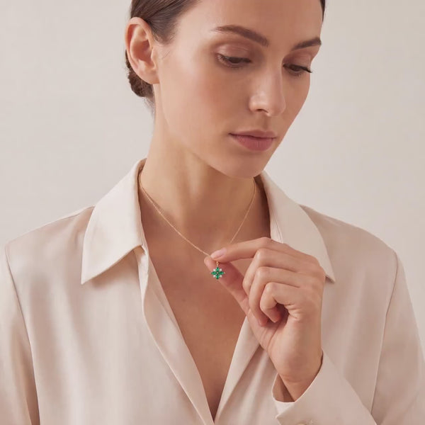 Marquise Emerald & Diamond Dainty Cluster Pendant Necklace 14K Solid Gold