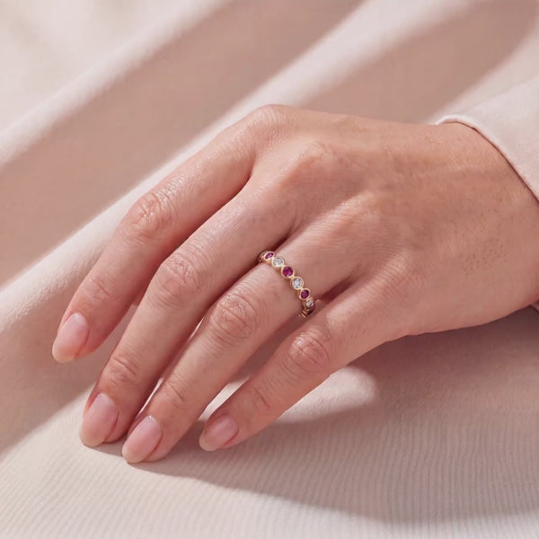 Ruby & Diamond Full Eternity Wedding Band Ring Stackable 14K Gold Bezel Set Round Brilliant Cut