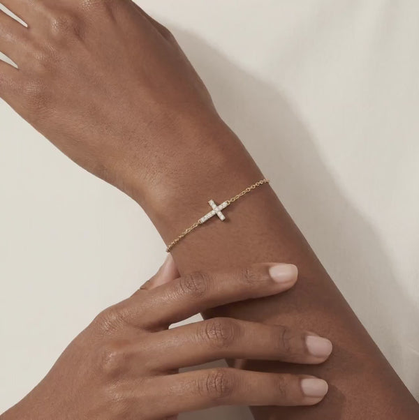 Diamond Prong Dainty 14K Solid Gold Cross Chain Link Bracelet