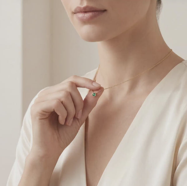 Round Emerald Bezel Set Solitaire 14K Solid Gold Pendant Necklace
