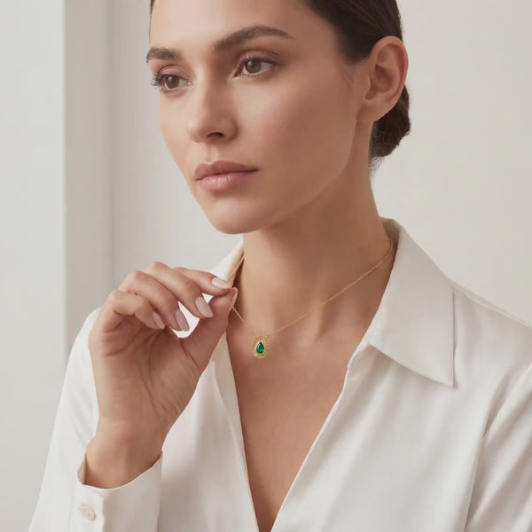 Pear Shape Emerald Fluted Dainty Bezel 14K Solid Gold Pendant Necklace