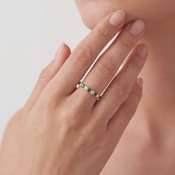 Round Emerald & Diamond Half Way Eternity Wedding Band Ring 14K Solid Gold Scallop Set