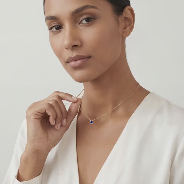 Round Sapphire Bezel Set Solitaire 14K Solid Gold Pendant Necklace