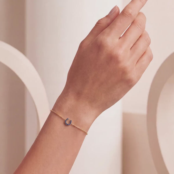 Round Sapphire Pave 14K Dainty Solid Gold Horseshoe Chain Link Bracelet