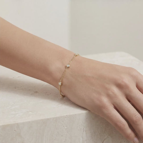Round Diamond By The Yard Bezel Set 14K Solid Gold Chain Link Bracelet