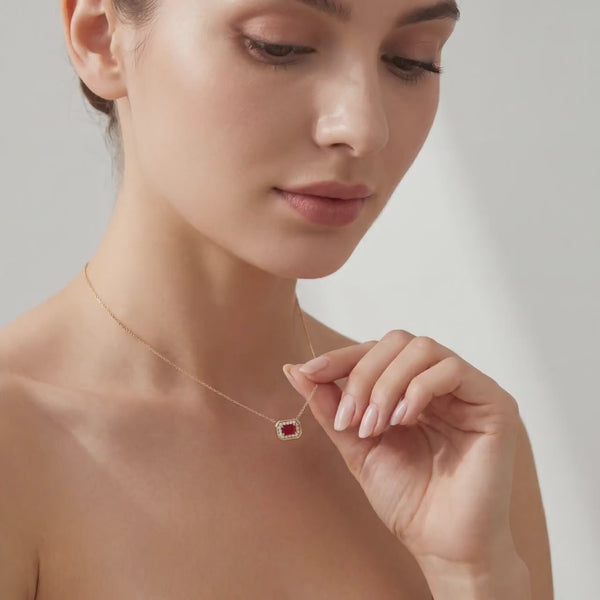 Emerald Cut Ruby & Diamond Halo Dainty Bezel 14K Solid Gold Pendant Necklace