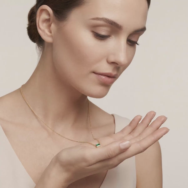 Baguette Emerald Solitaire Dainty Bezel Set 14K Solid Gold Pendant Necklace