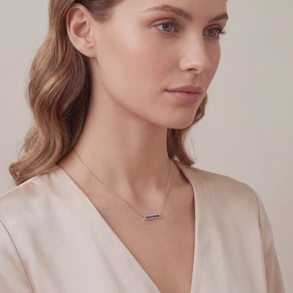 Baguette Sapphire Dainty Bar Channel Set 14K Solid Gold Pendant Necklace