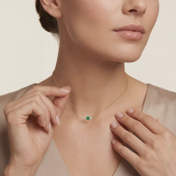 Round Emerald & Diamond Three Stone Dainty Necklace 14K Solid Gold Pendant