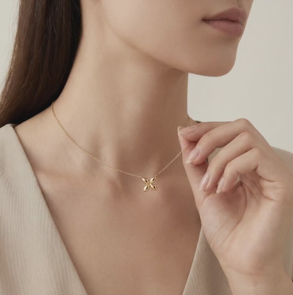 Dainty Four Petal Flower 14K Solid Gold Pendant Necklace