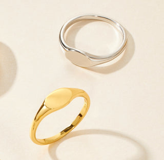 Oval Gold Signet Ring: Silver Stack Band