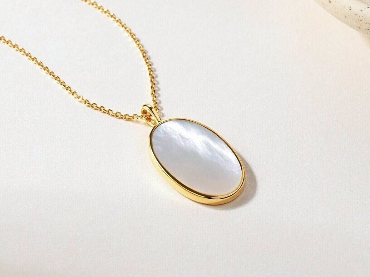 Mother Of Pearl Gold Pendant: Oval Cut Necklace