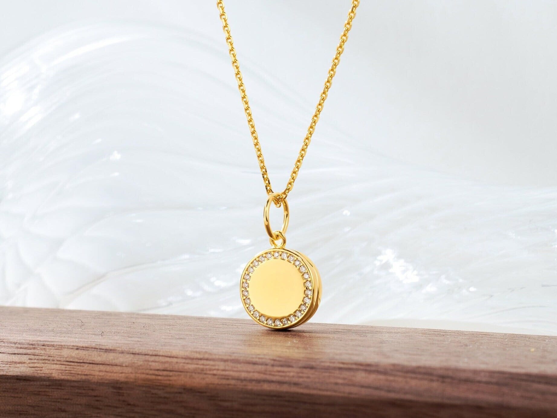 Round Halo Gold Locket Necklace: Circle Pendant