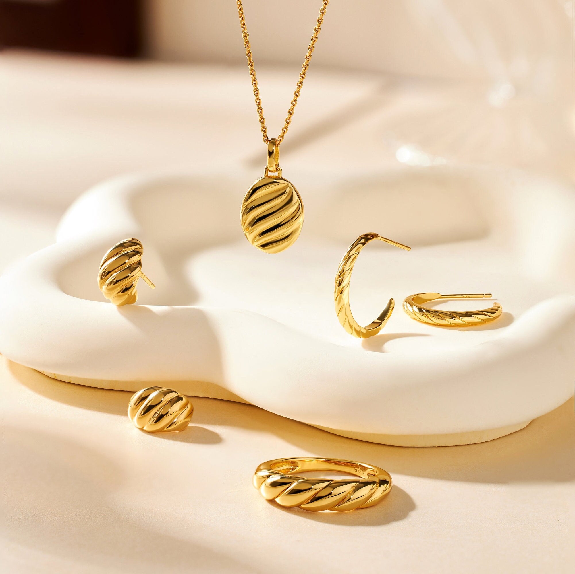 18K Gold Croissant Hoops: Twisted Dome Earrings