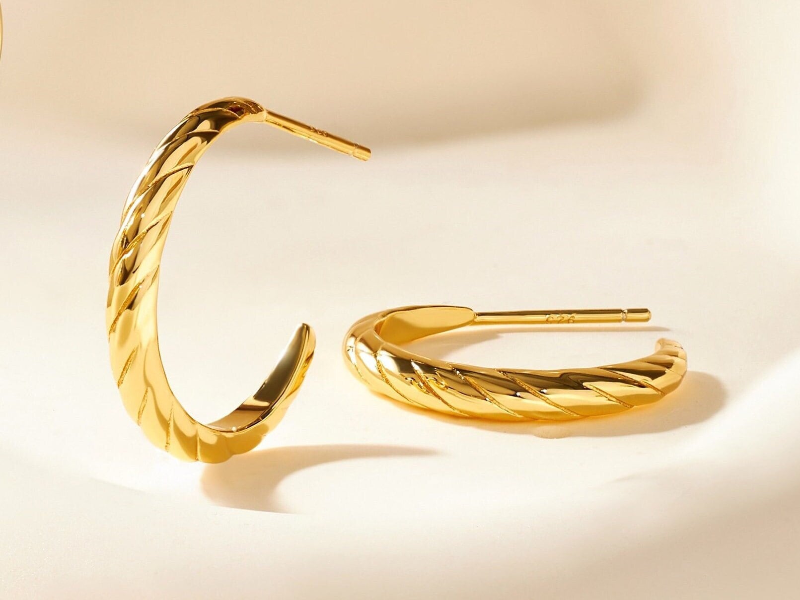 18K Gold Croissant Hoops: Twisted Dome Earrings