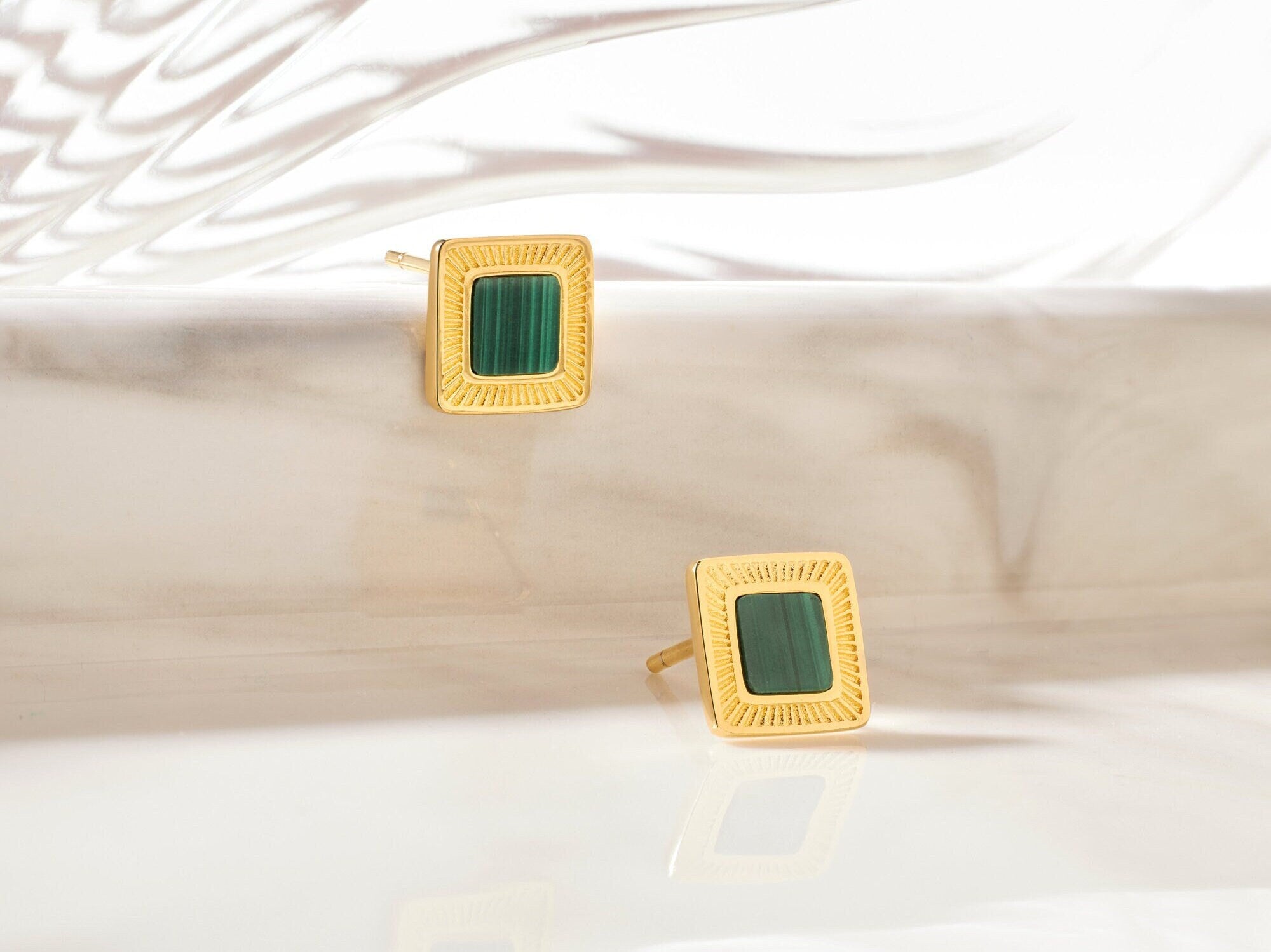 18K Gold Malachite Earring: Square Cut Studs