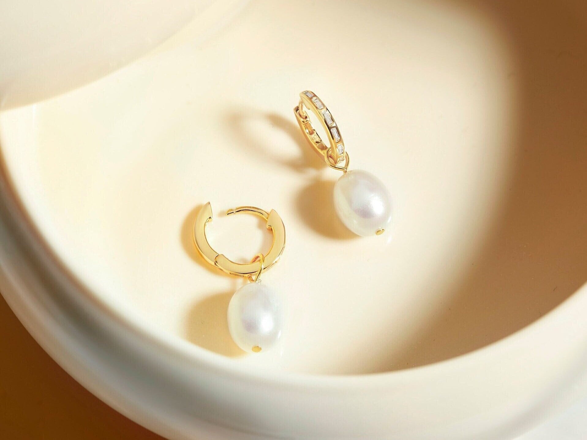 Freshwater Pearl Huggies: Gold Earrings