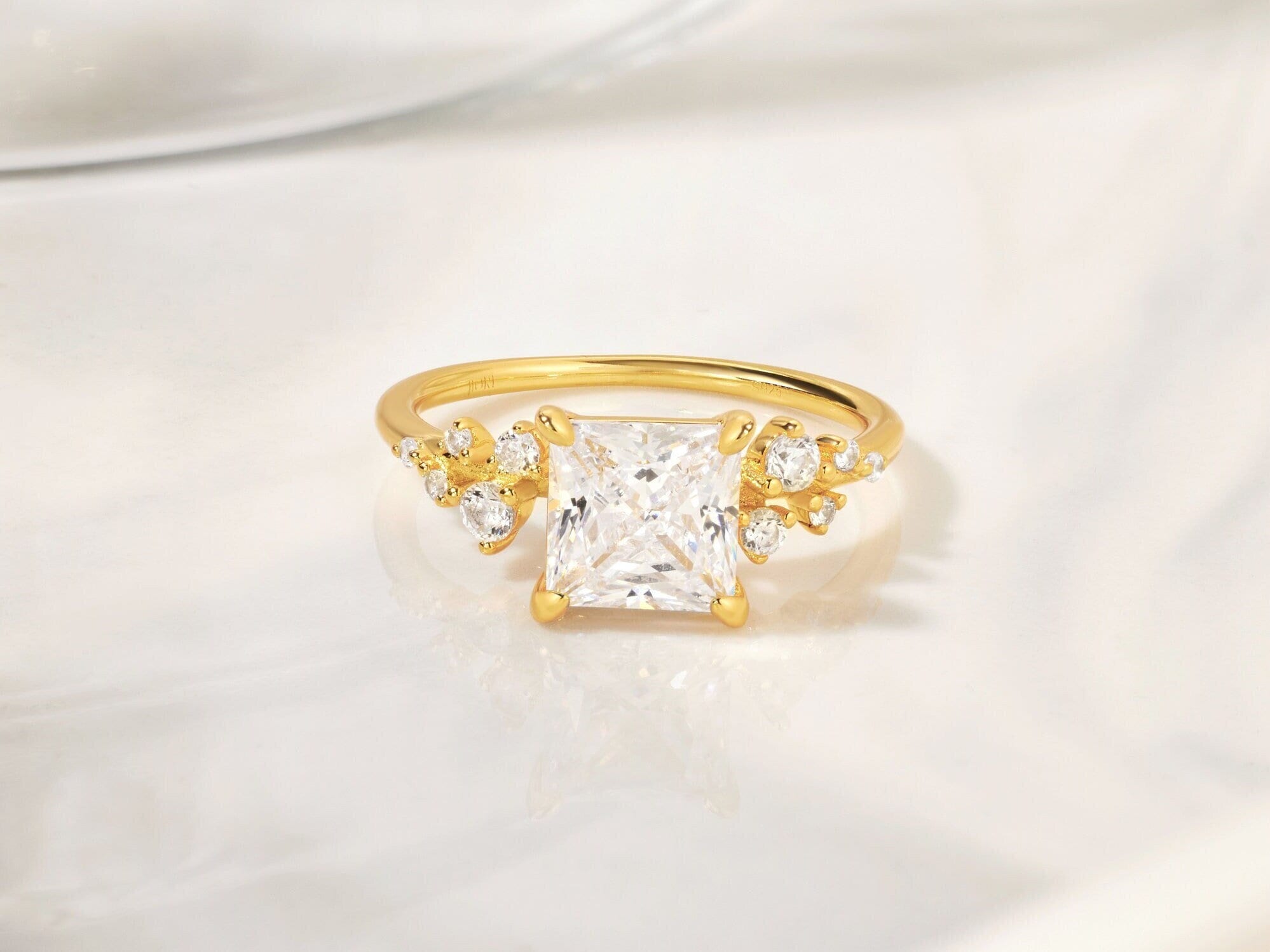 Floral Art Deco Gold Diamond Ring: Princess Solitaire