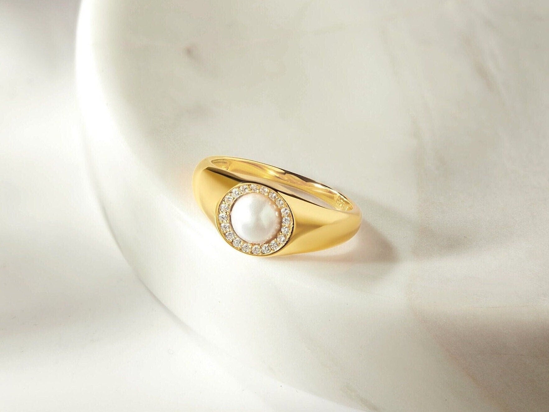 Lustrous Pearl Signet Ring: Halo Solitaire