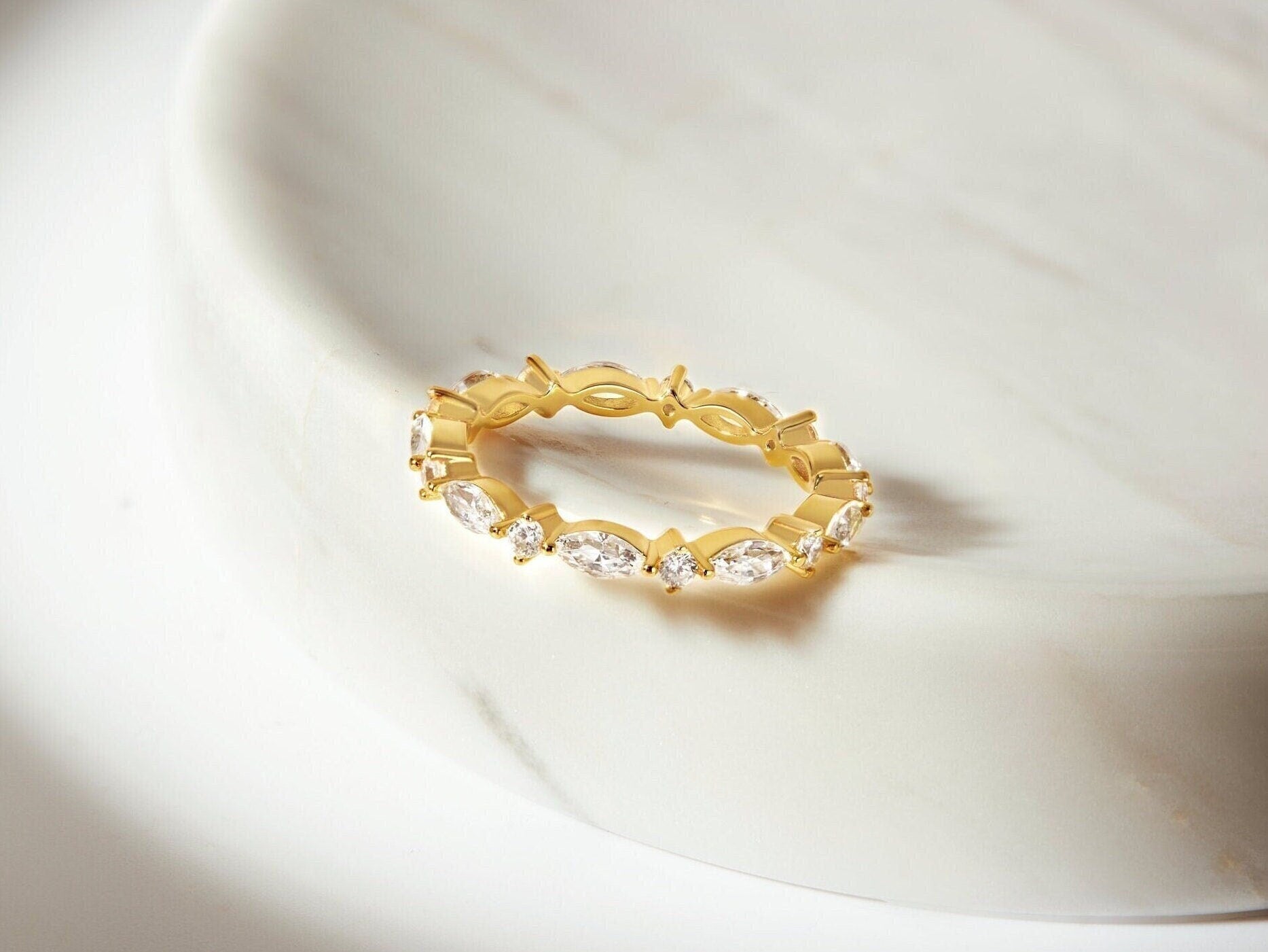 Dainty Marquise Gold Vermeil Ring: Diamond Band