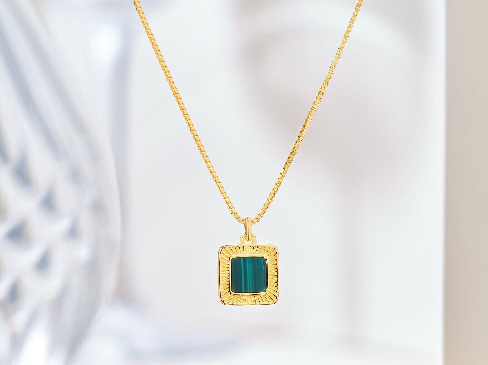 Malachite Gold Pendant: Square Cut Necklace