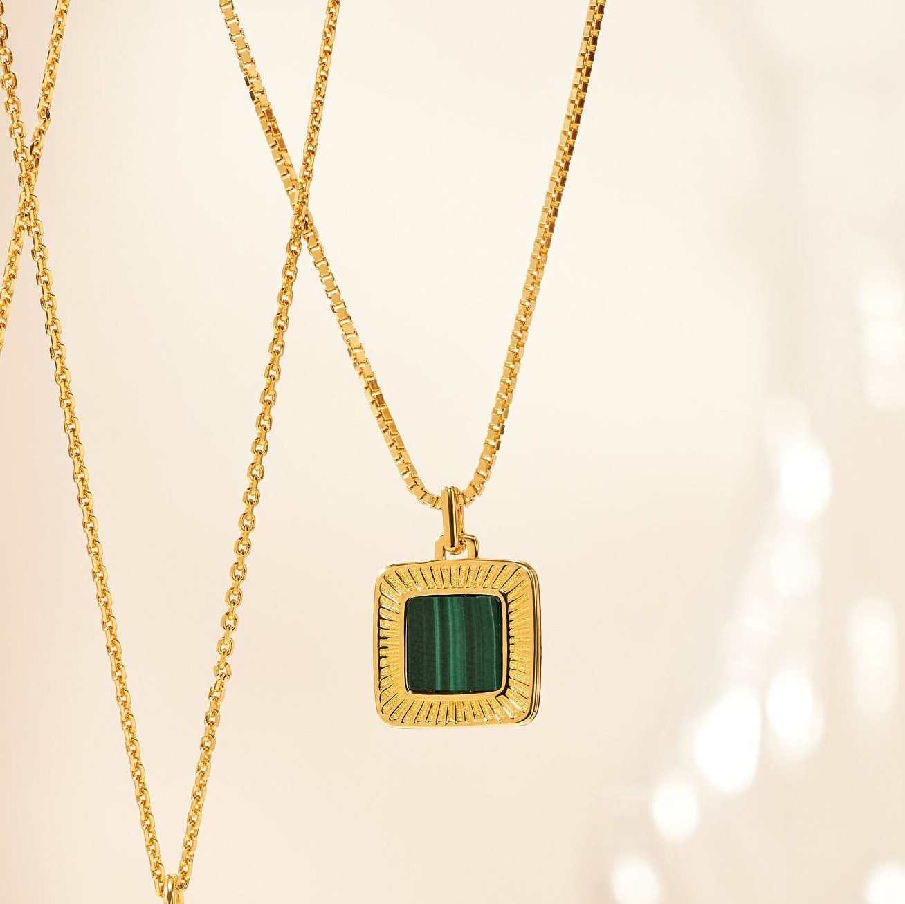 Malachite Gold Pendant: Square Cut Necklace