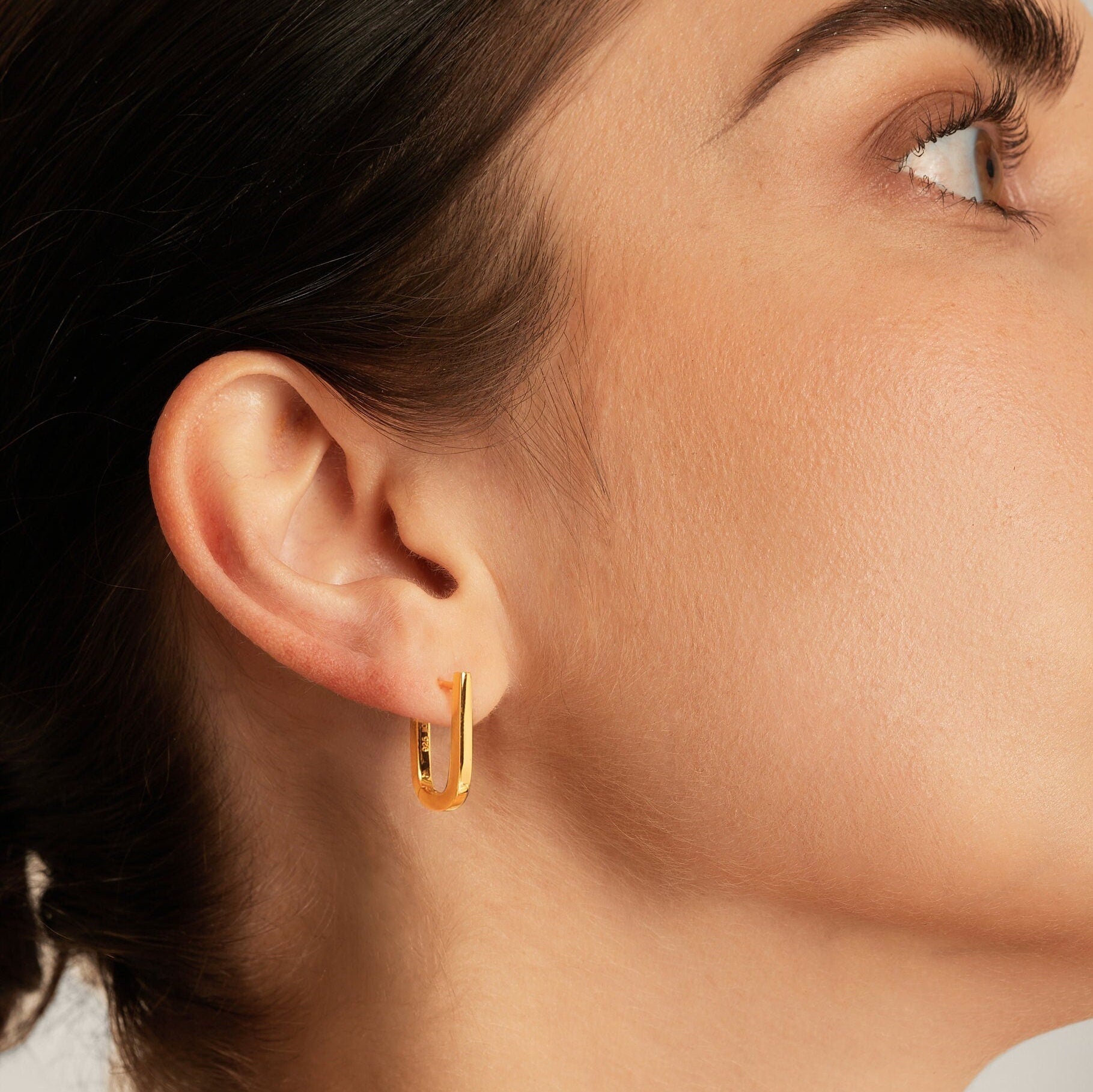 18K Gold Vermeil U Shape Earrings: Elongated Huggies